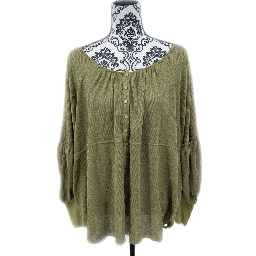 Free People Olive Green Peasant Blouse Prairie Boho Poet Sleeve Top